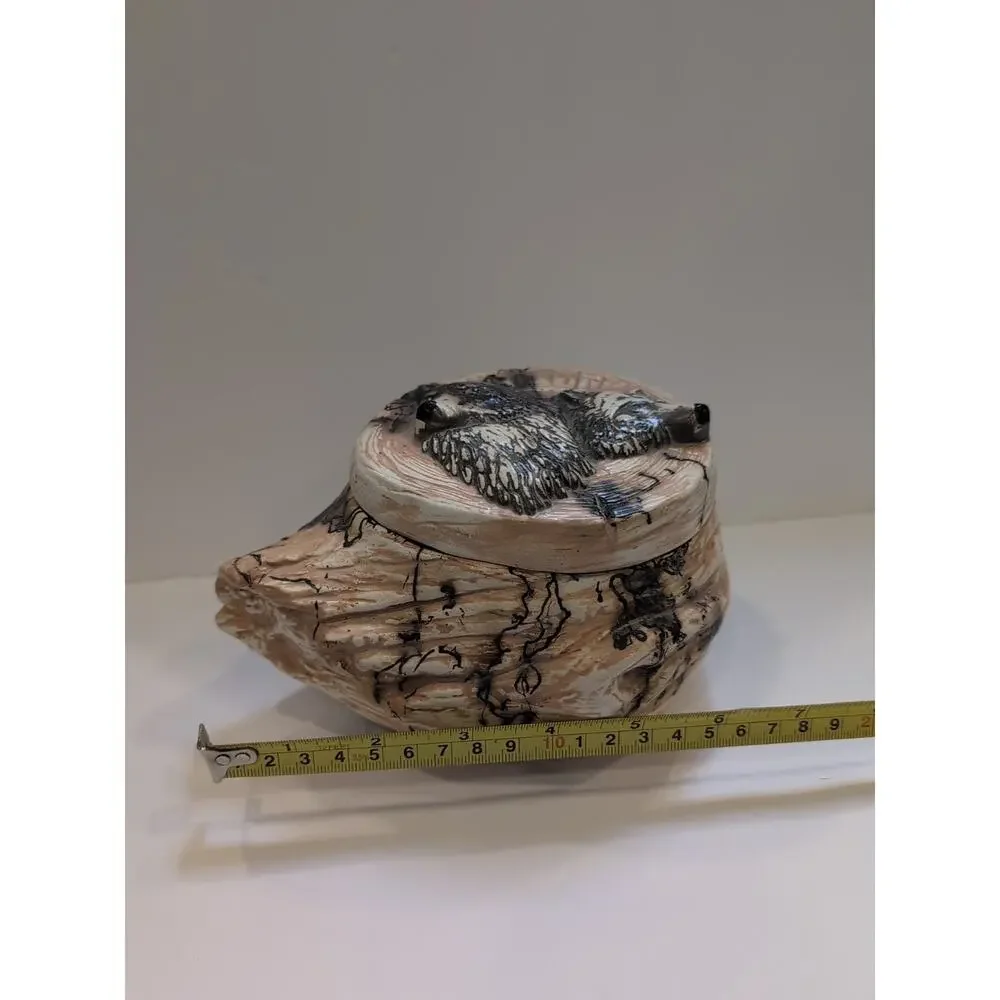 Vtg Art Pottery Horsehair‎ Bowl Log W/ Gray Wolves On Lid Signed 8 Inch